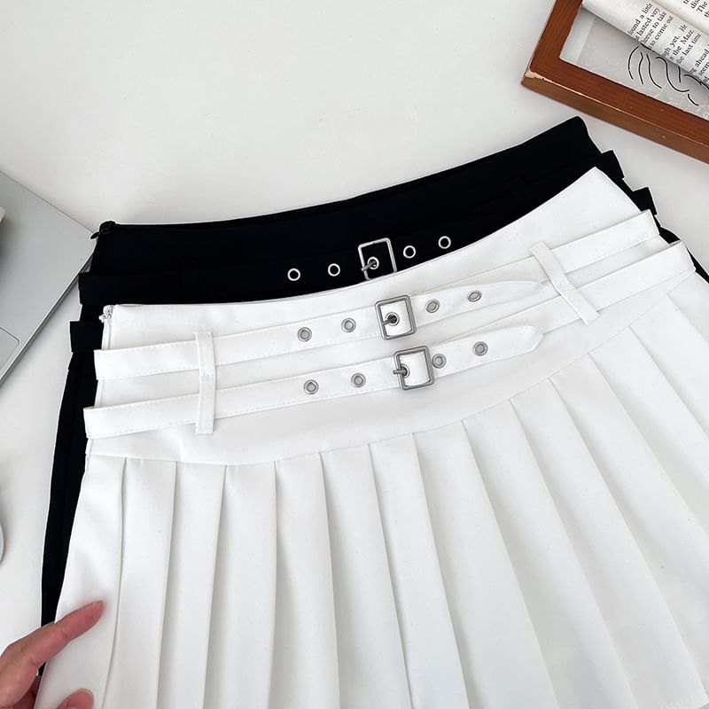 Belted Accordion Pleated Mini A-Line Skirt with High Waist