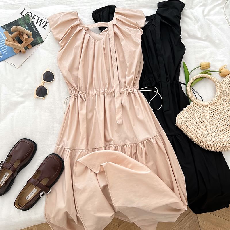 Drawstring Waist Ruched Panel V-Neck Sleeveless Maxi Dress