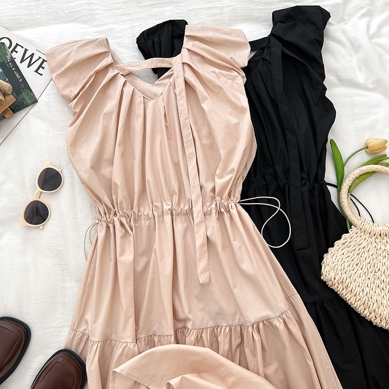 Drawstring Waist Ruched Panel V-Neck Sleeveless Maxi Dress