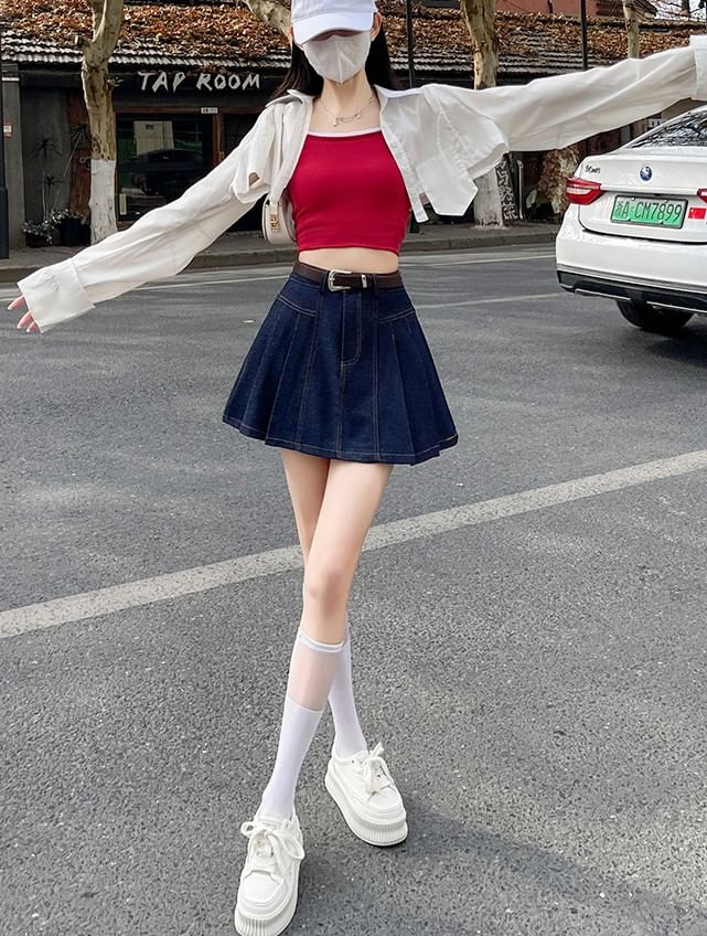 Chic Pleated Denim A-Line Mini Skirt