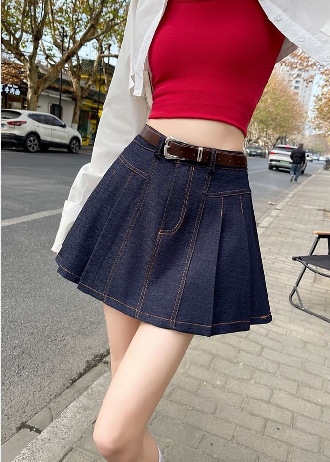 Chic Pleated Denim A-Line Mini Skirt
