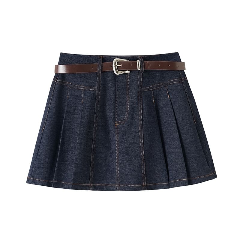 Chic Pleated Denim A-Line Mini Skirt