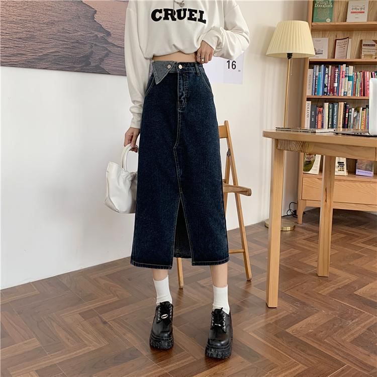 Washed Denim Slit Midi A-Line Skirt with High Rise
