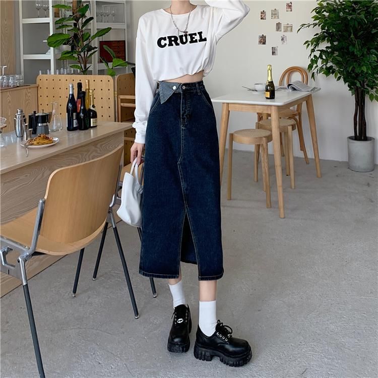 Washed Denim Slit Midi A-Line Skirt with High Rise