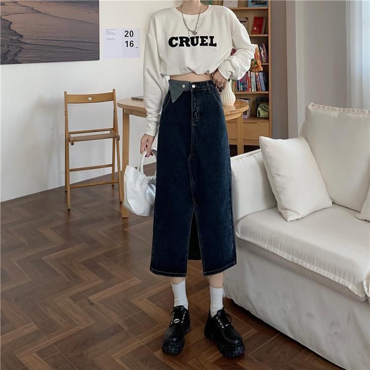 Washed Denim Slit Midi A-Line Skirt with High Rise