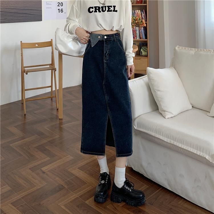 Washed Denim Slit Midi A-Line Skirt with High Rise