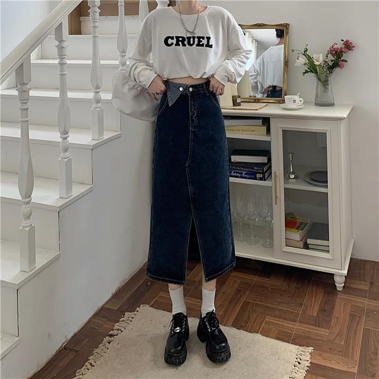 Washed Denim Slit Midi A-Line Skirt with High Rise