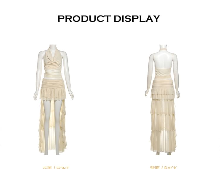 Set: Cowl Neck Sleeveless Crop Top & Ruffle High-Low Maxi Skirt