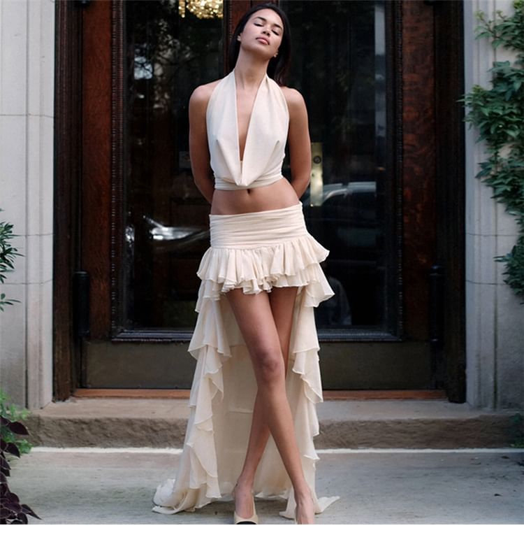 Set: Cowl Neck Sleeveless Crop Top & Ruffle High-Low Maxi Skirt