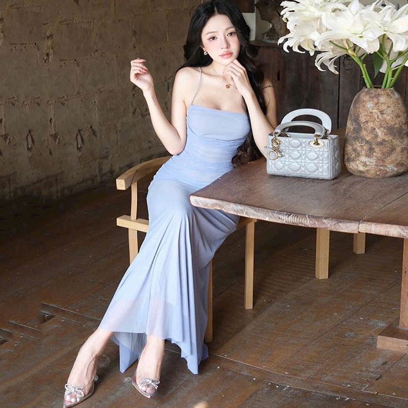 Sheer Ruched Bodycon Maxi with Spaghetti Straps