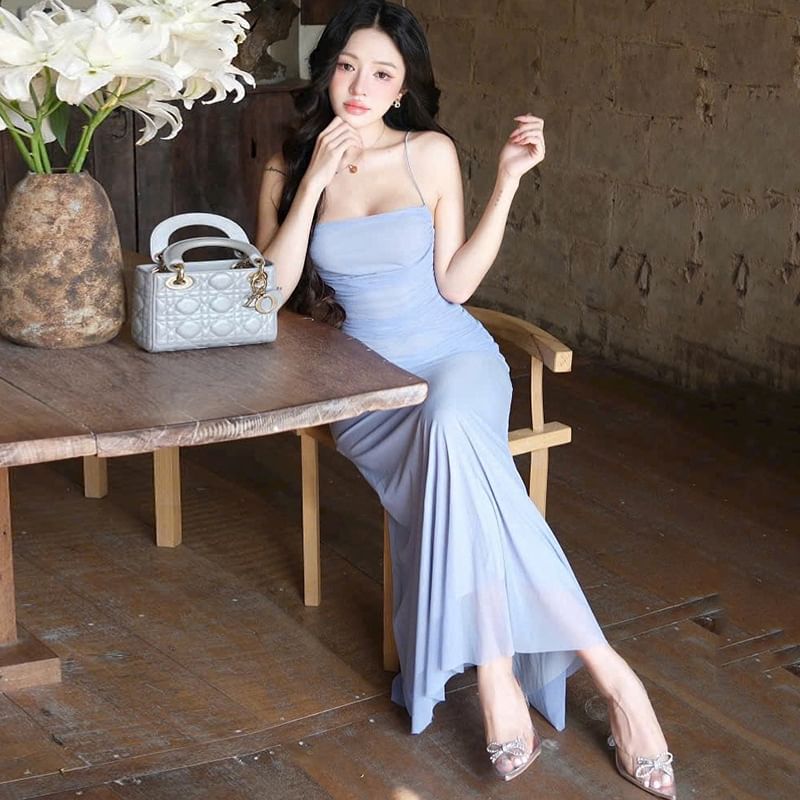 Ruched Spaghetti Strap Bodycon Maxi Dress