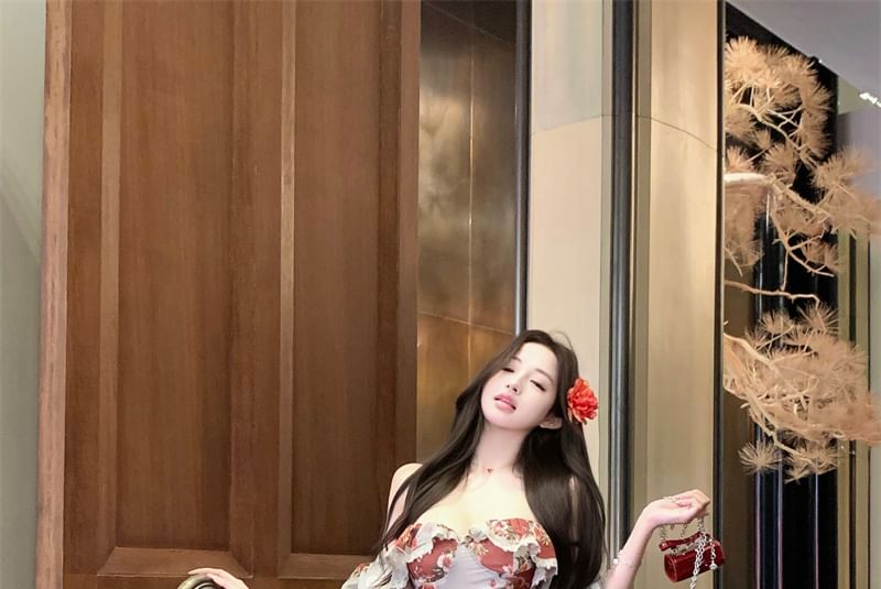 Print Designs) Bodycon (Various Shoulder Off Dress Flower