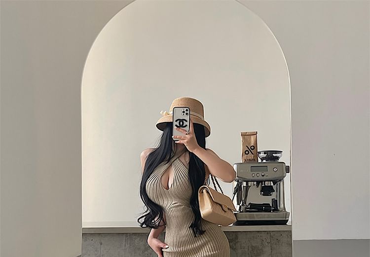 Cutout Halter Neck Knit Bodycon Maxi Dress