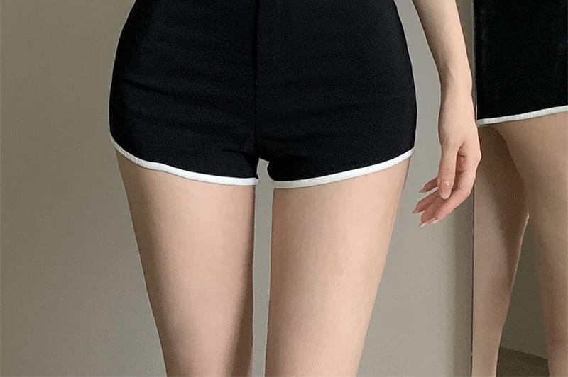Hot Plain / Crop Neck Waist Contrast Short-Sleeve T-Shirt Scoop Trim High Pants