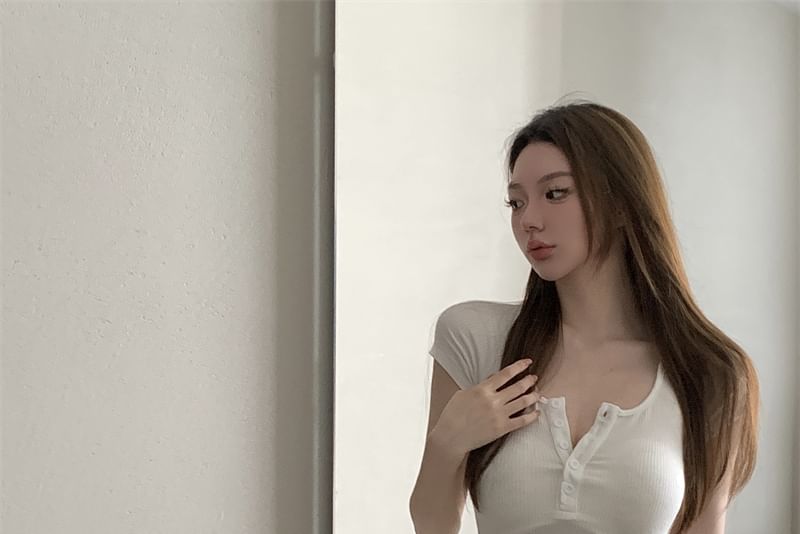 Hot Plain / Crop Neck Waist Contrast Short-Sleeve T-Shirt Scoop Trim High Pants