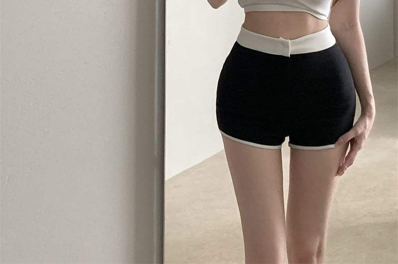 Hot Plain / Crop Neck Waist Contrast Short-Sleeve T-Shirt Scoop Trim High Pants