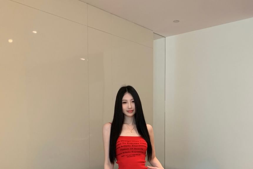 Top Pants Lettering Drawstring Print Camisole Wide Trim Crop / Contrast Waist Leg