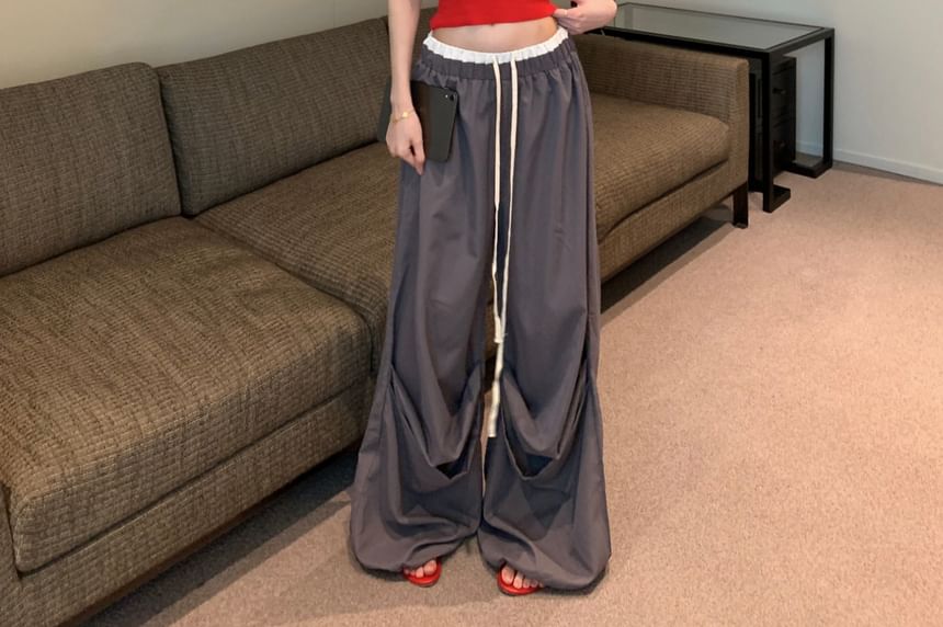 Top Pants Lettering Drawstring Print Camisole Wide Trim Crop / Contrast Waist Leg