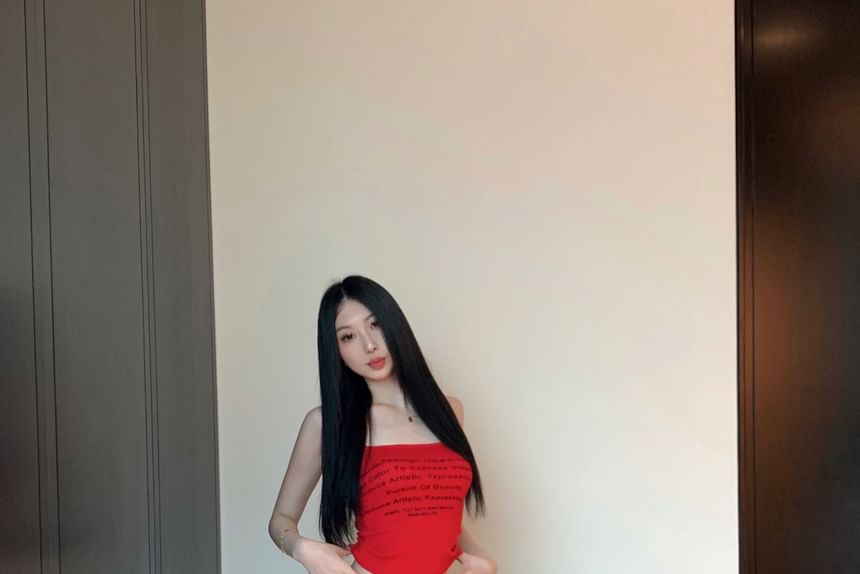 Top Pants Lettering Drawstring Print Camisole Wide Trim Crop / Contrast Waist Leg