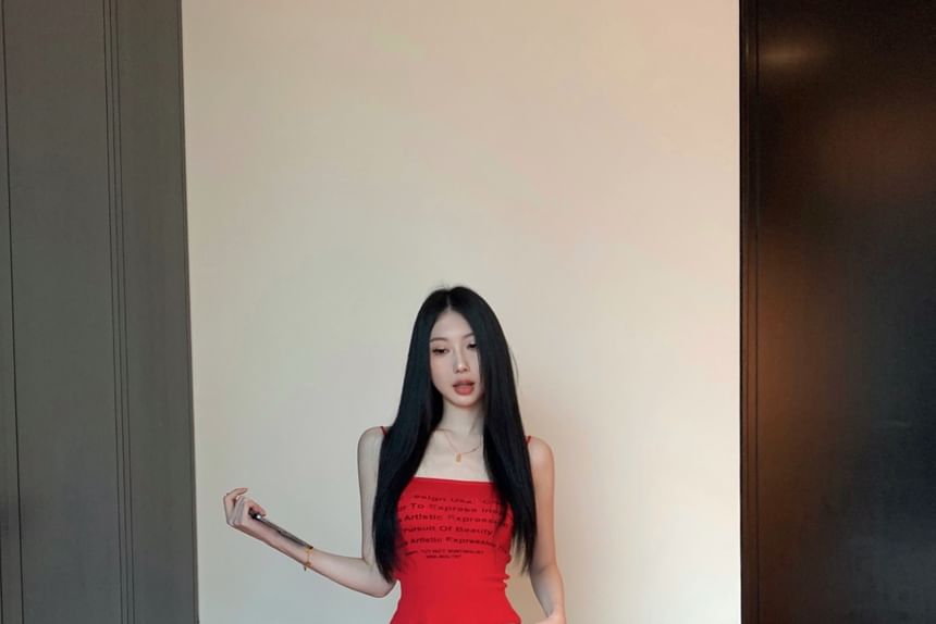 Top Pants Lettering Drawstring Print Camisole Wide Trim Crop / Contrast Waist Leg