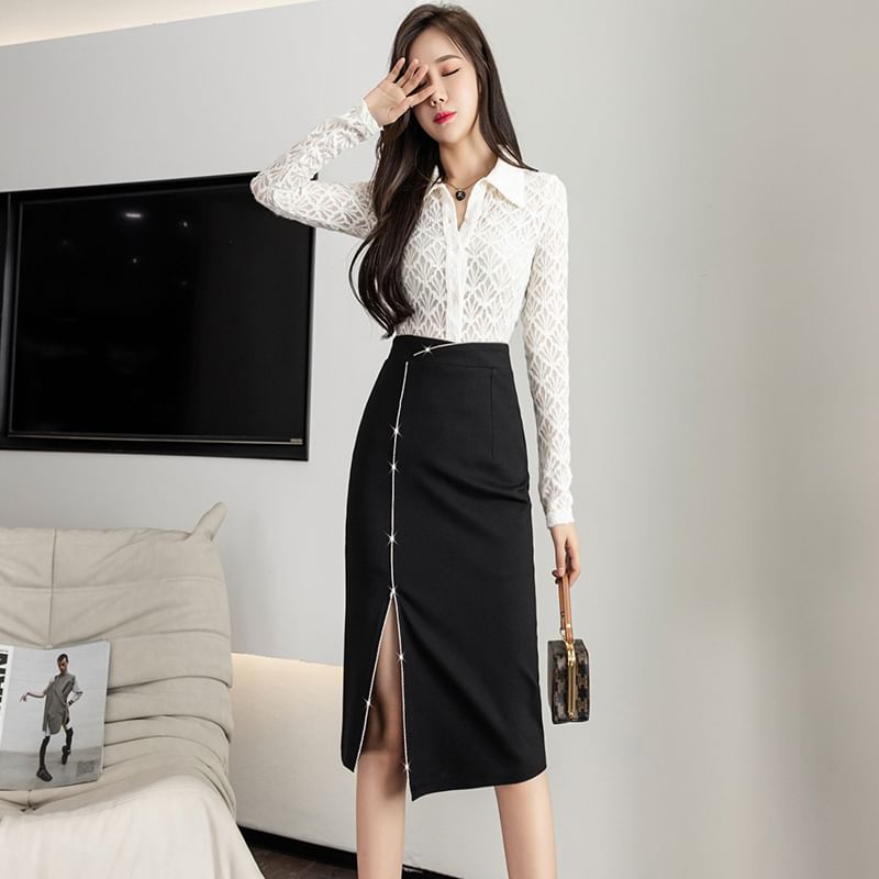 High Rise Slit Midi Pencil Skirt with Plain Elegance