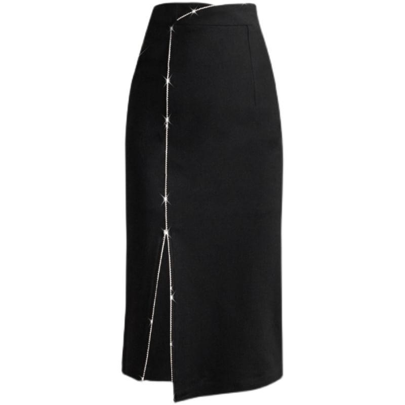 High Rise Slit Midi Pencil Skirt with Plain Elegance