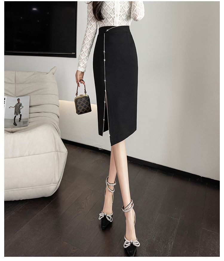 High Rise Slit Midi Pencil Skirt with Plain Elegance