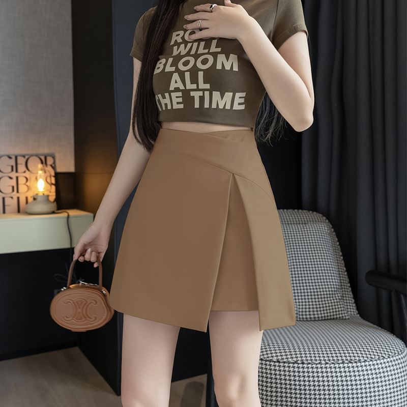 High Waist Slit Mini A-Line Skirt with Plain Finish