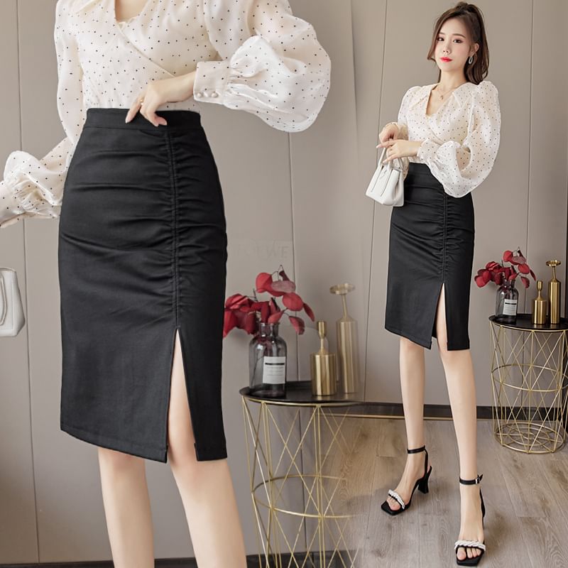 Ruched Slit Midi Pencil Skirt with High Waist