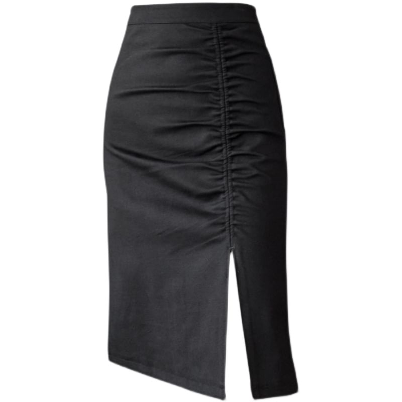 Ruched Slit Midi Pencil Skirt with High Waist