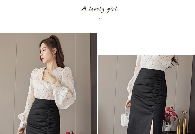 Ruched Slit Midi Pencil Skirt with High Waist
