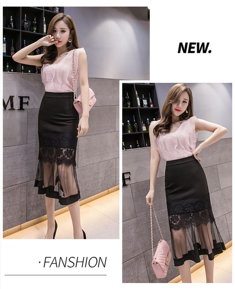 Lace Panel Midi Pencil Skirt with High Rise and Plain Design