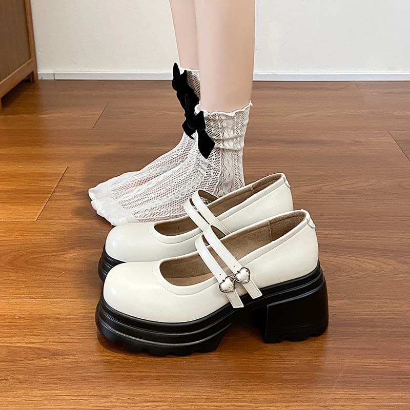 Shoes Genuine Platform Heart Double Strap Leather Jane Mary Buckled