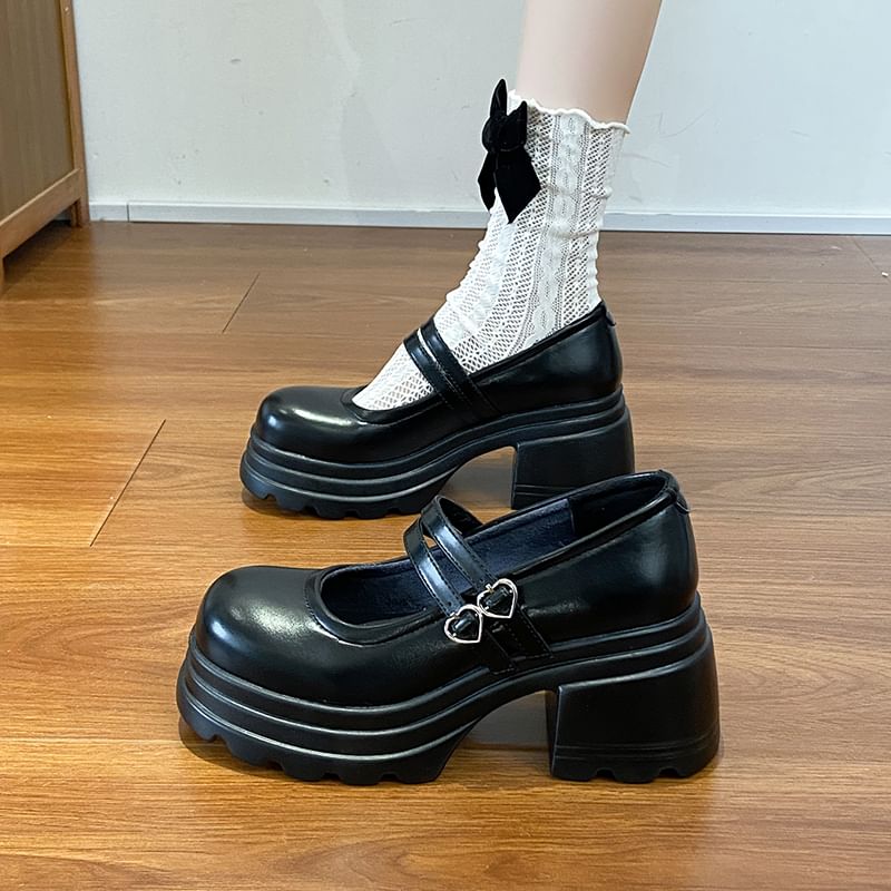 Shoes Genuine Platform Heart Double Strap Leather Jane Mary Buckled
