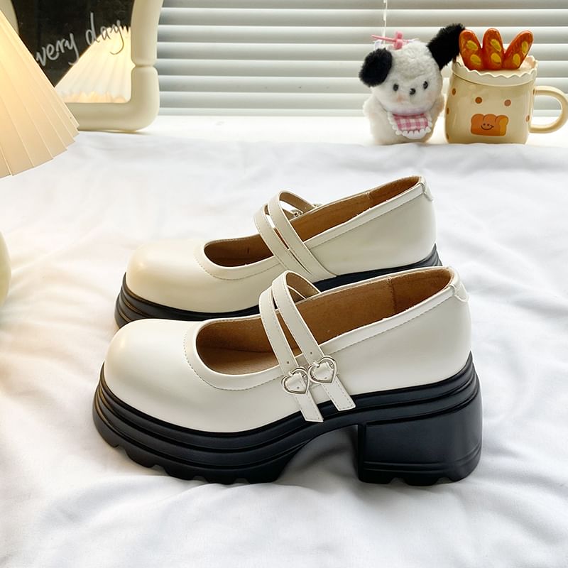 Shoes Genuine Platform Heart Double Strap Leather Jane Mary Buckled
