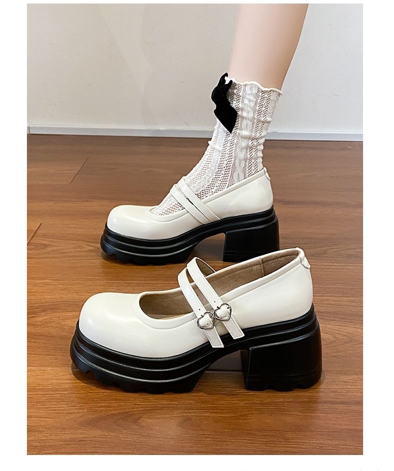Shoes Genuine Platform Heart Double Strap Leather Jane Mary Buckled