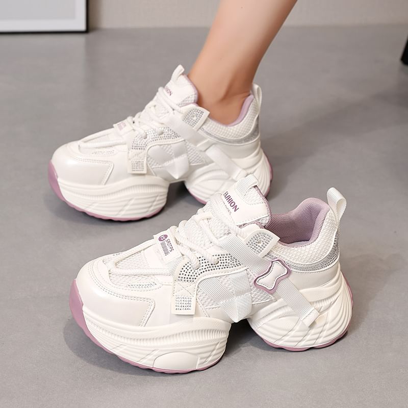 Lace-Up Platform Mesh Panel Rhinestone Sneakers Faux Leather
