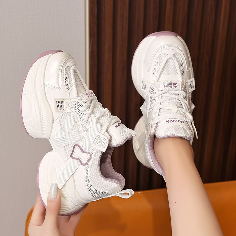 Lace-Up Platform Mesh Panel Rhinestone Sneakers Faux Leather