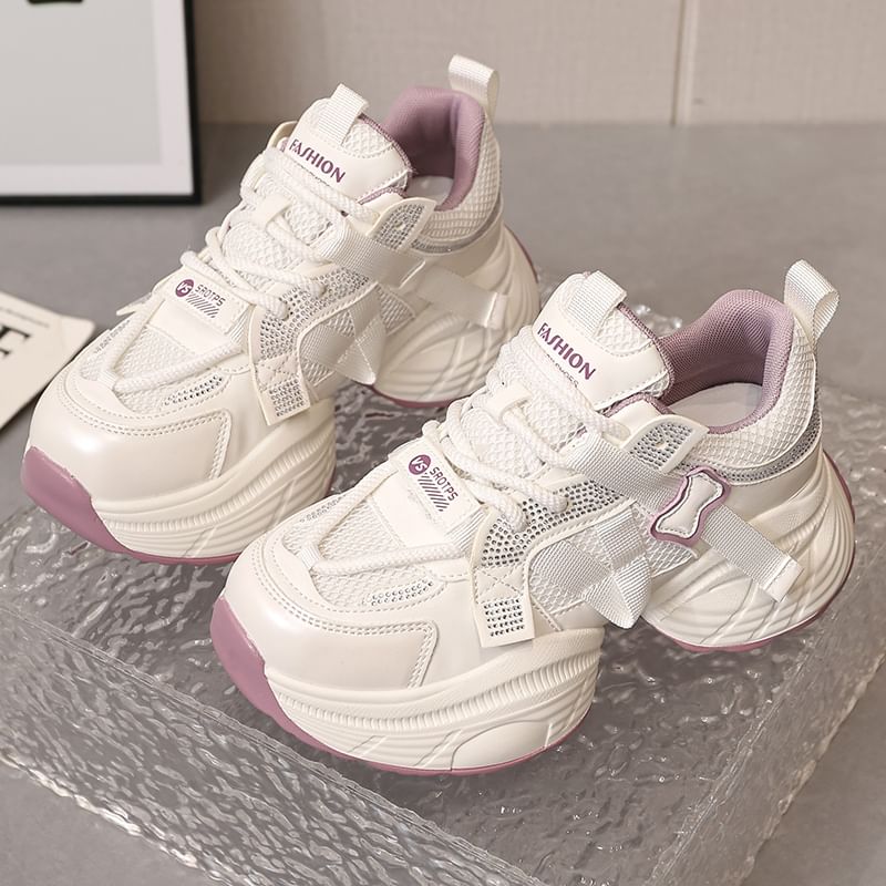 Lace-Up Platform Mesh Panel Rhinestone Sneakers Faux Leather