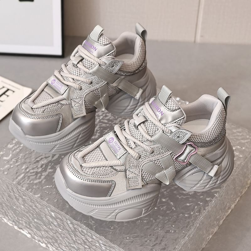 Lace-Up Platform Mesh Panel Rhinestone Sneakers Faux Leather