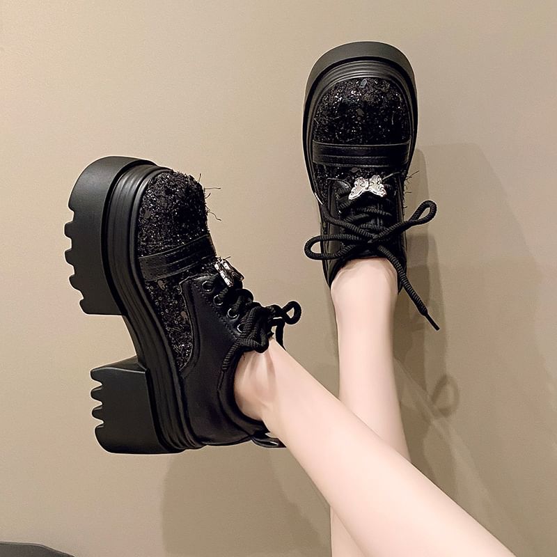 Shoes Brogue Tweed Lace-Up Panel Platform Leather Faux