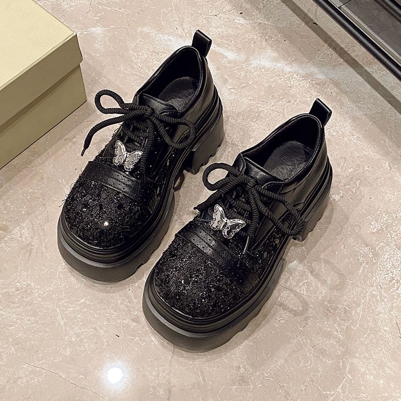 Shoes Brogue Tweed Lace-Up Panel Platform Leather Faux