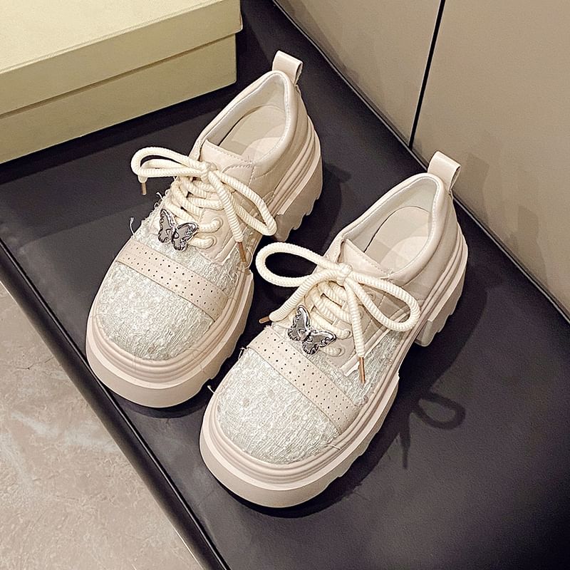 Shoes Brogue Tweed Lace-Up Panel Platform Leather Faux