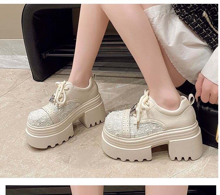 Shoes Brogue Tweed Lace-Up Panel Platform Leather Faux