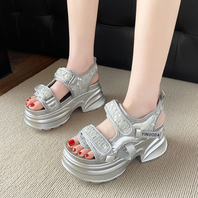 Strap Slingback Adhesive Sandals Sequin Platform