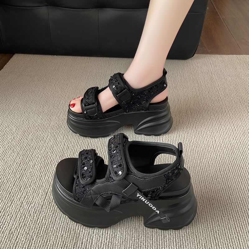 Strap Slingback Adhesive Sandals Sequin Platform