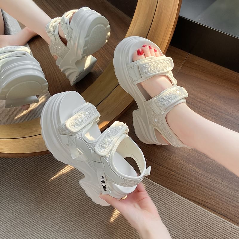 Strap Slingback Adhesive Sandals Sequin Platform