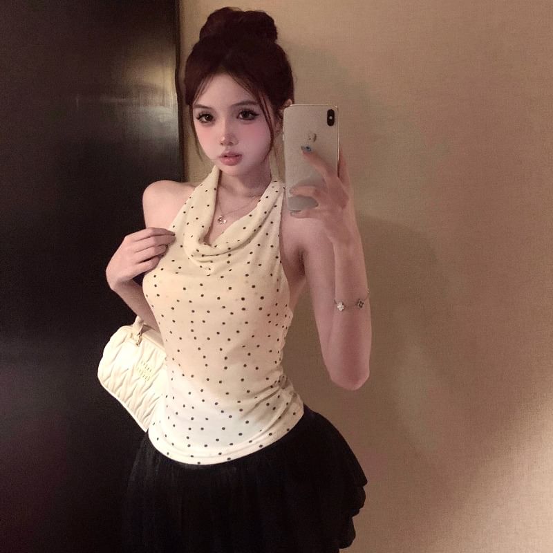 Halter Cowl Neck Dotted Tank Top with Velvet Mini Skirt Set
