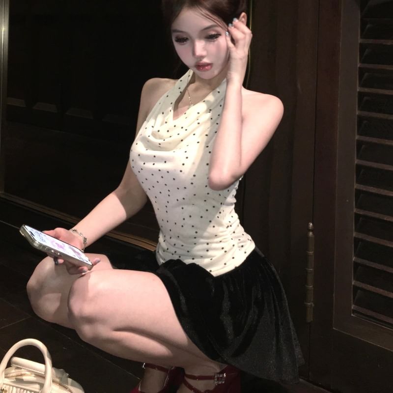 Halter Cowl Neck Dotted Tank Top with Velvet Mini Skirt Set
