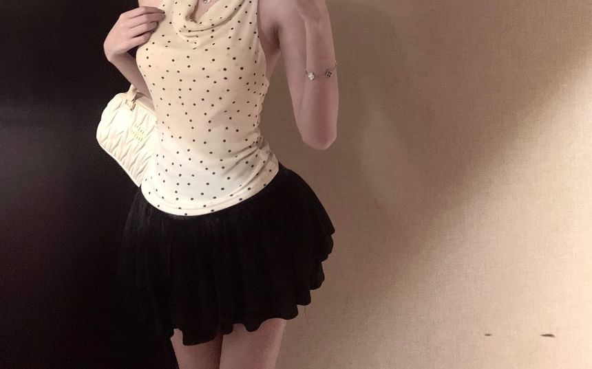 Halter Cowl Neck Dotted Tank Top with Velvet Mini Skirt Set